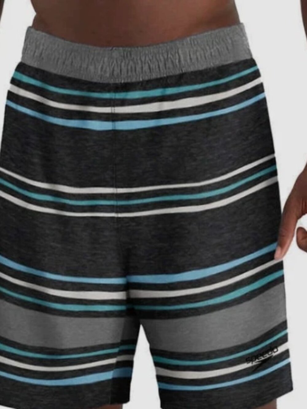 Speedo Black Gray and Blue Striped Men’s Swim Trunks